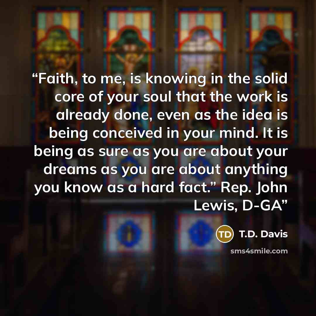“Faith, to me, is knowing in the solid core of your soul that the work is already done, even as the idea is being conceived in your mind. It is being as sure as you are about your dreams as you are about anything you know as a hard fact.” Rep. John Lewis, D-GA” quote by T.D. Davis