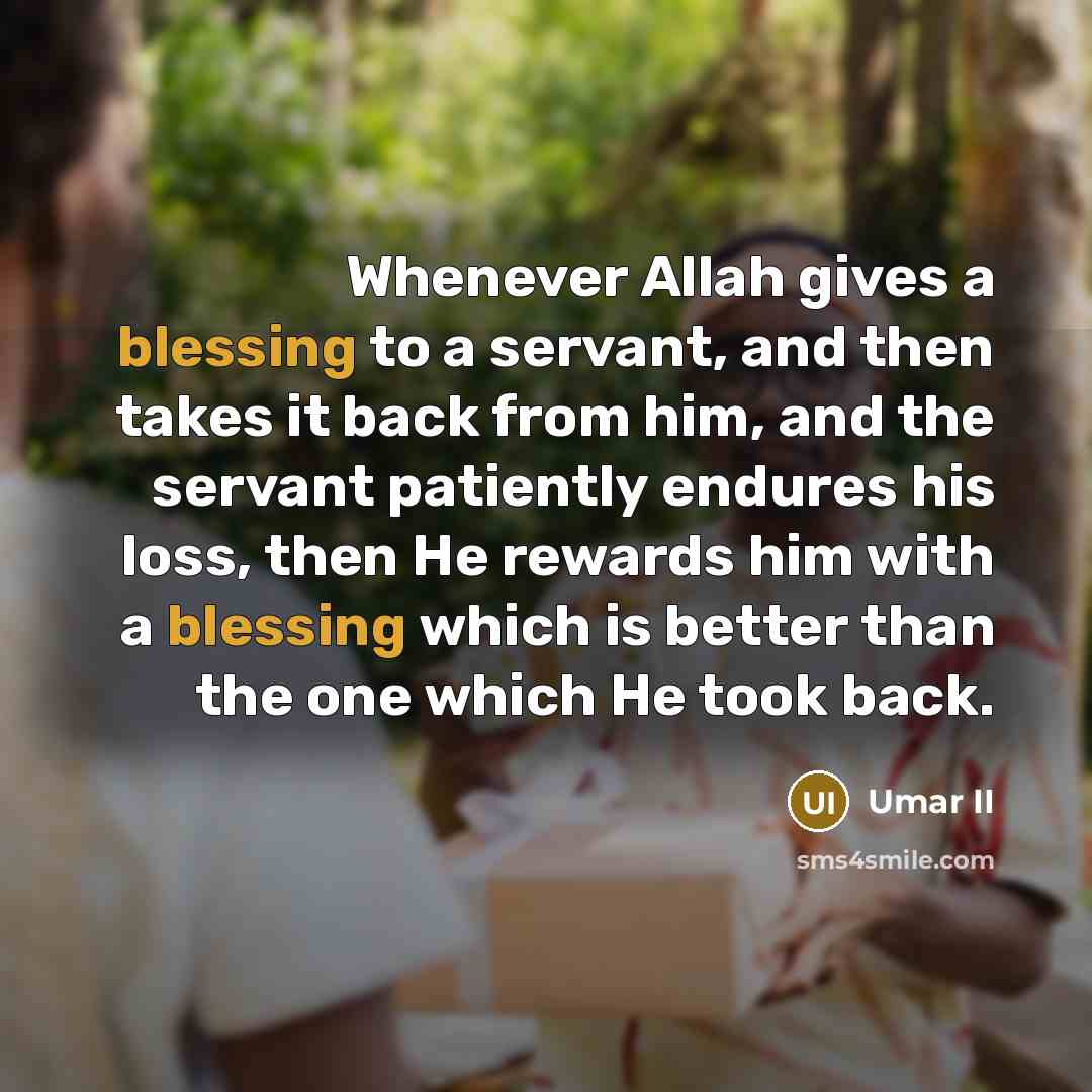 “Whenever Allah gives a blessing to a servant, and then takes it back from him, and the servant patiently endures his loss, then He rewards him with a blessing which is better than the one which He took back.” quote by Umar II