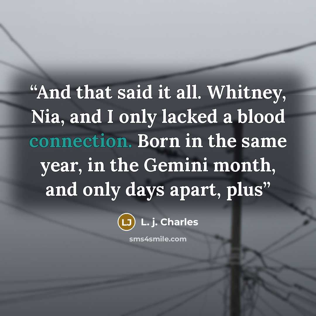 “And that said it all. Whitney, Nia, and I only lacked a blood connection. Born in the same year, in the Gemini month, and only days apart, plus” quote by L. j. Charles