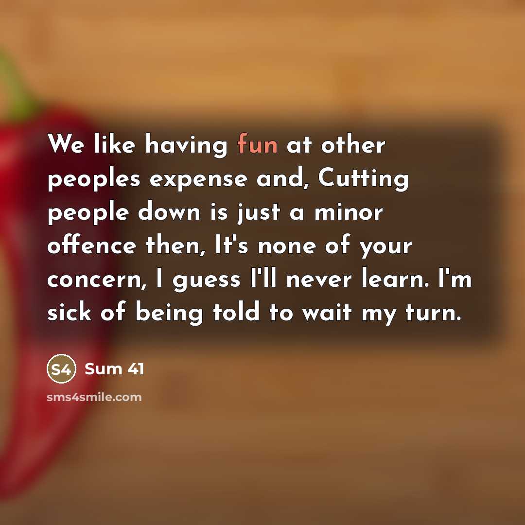 “We like having fun at other peoples expense and, Cutting…” quote by Sum 41