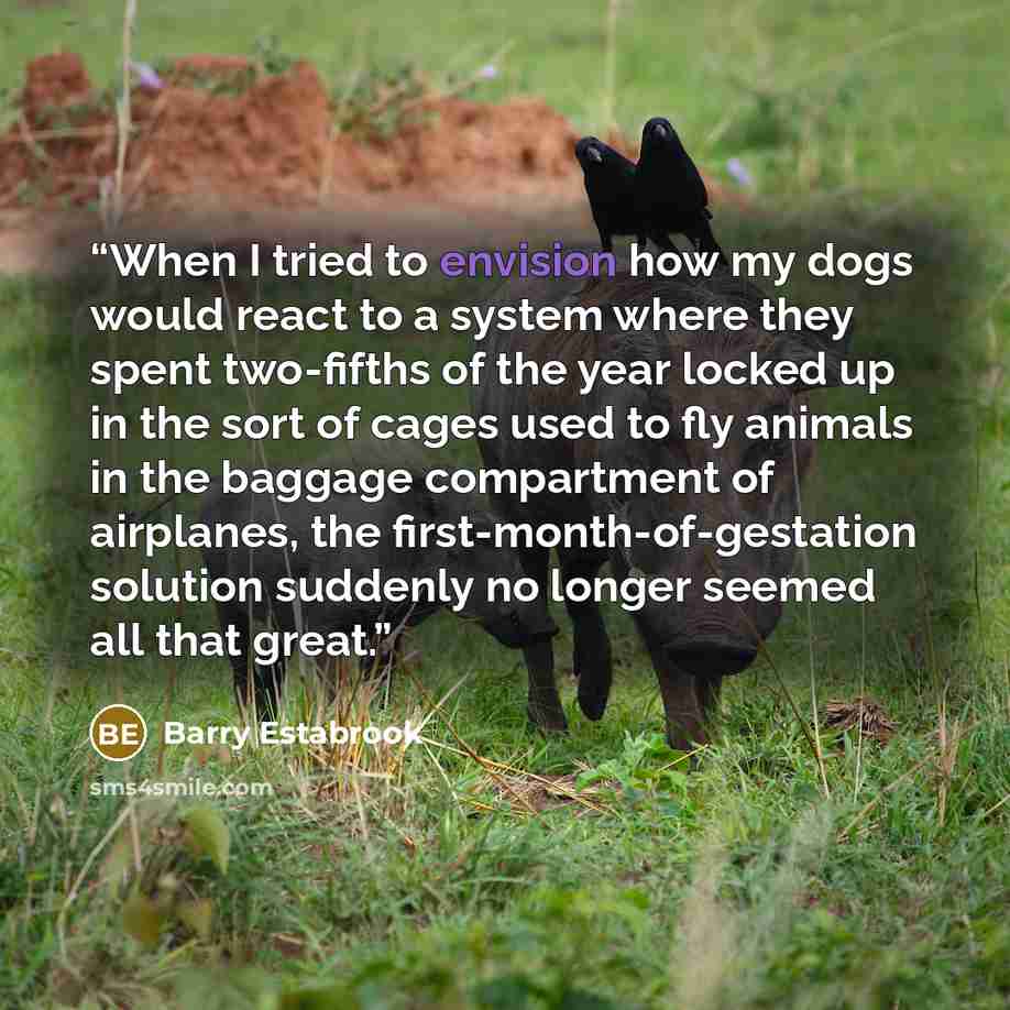 “When I tried to envision how my dogs would react to a system where they spent two-fifths of the year locked up in the sort of cages used to fly animals in the baggage compartment of airplanes, the first-month-of-gestation solution suddenly no longer seemed all that great.” quote by Barry Estabrook