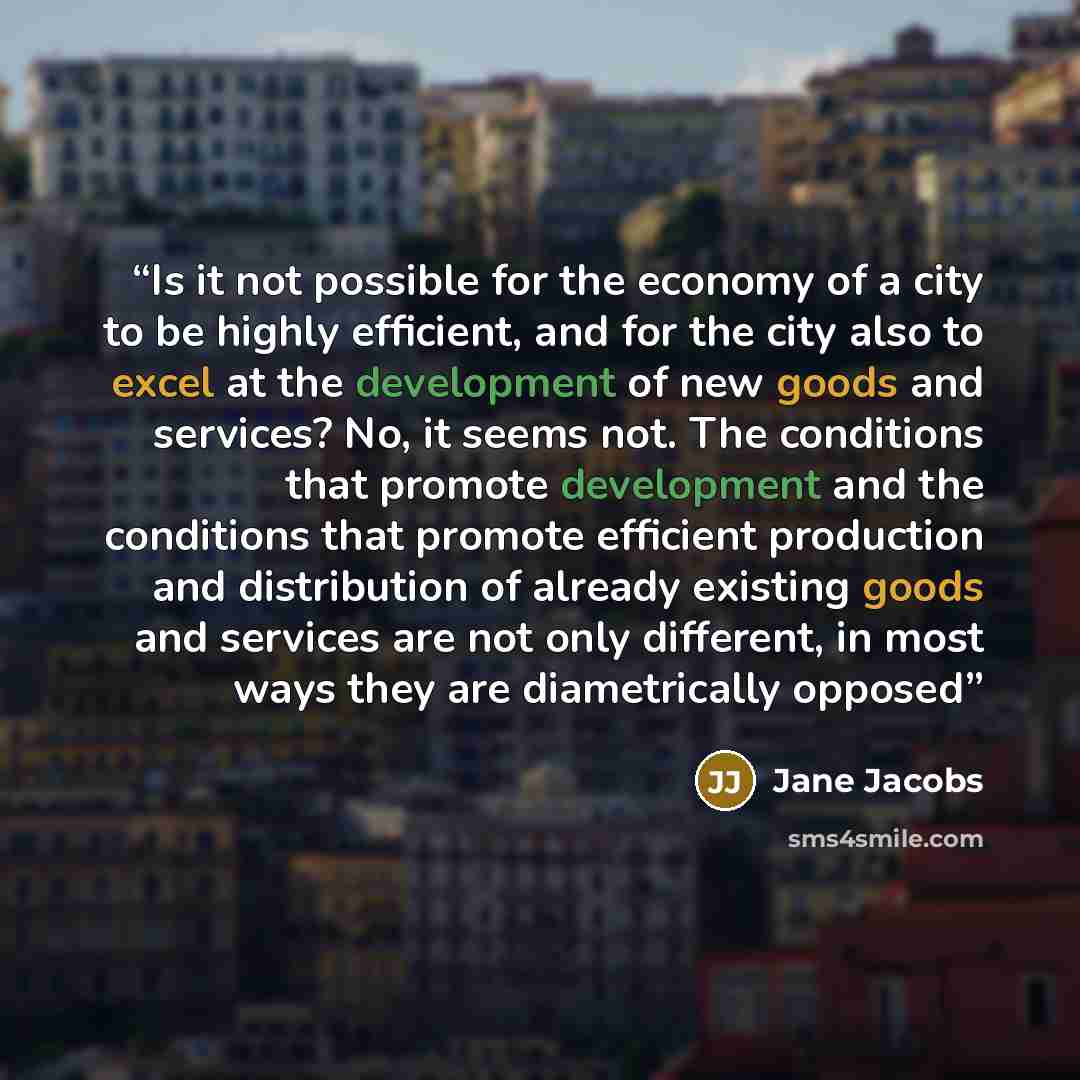 “Is it not possible for the economy of a city to be highly efficient, and for the city also to excel at the development of new goods and services? No, it seems not. The conditions that promote development and the conditions that promote efficient production and distribution of already existing…” quote by Jane Jacobs
