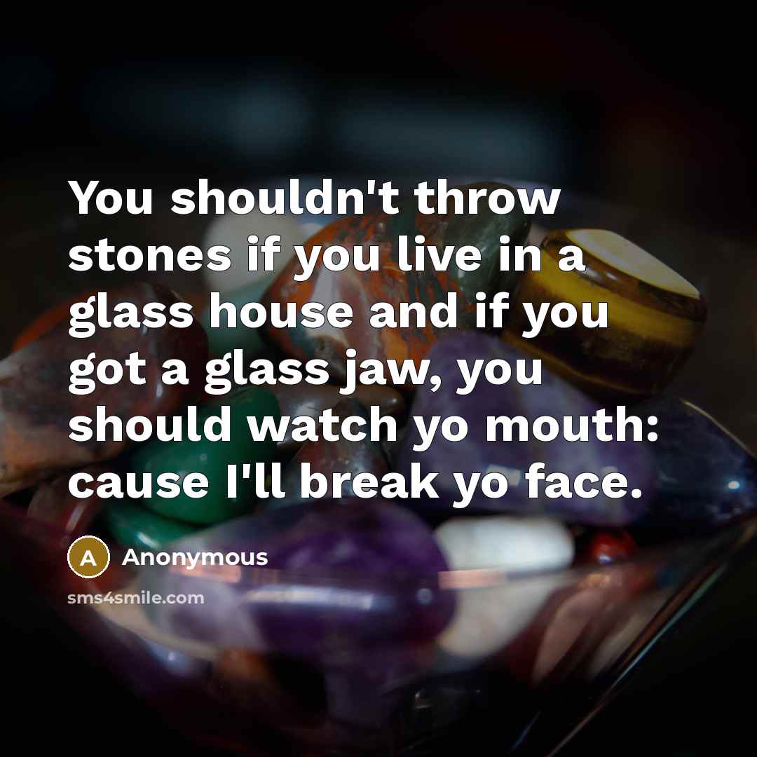 “You shouldn't throw stones if you live in a glass house and if you got a glass jaw, you should watch yo mouth: cause I'll break yo face.” quote by Anonymous