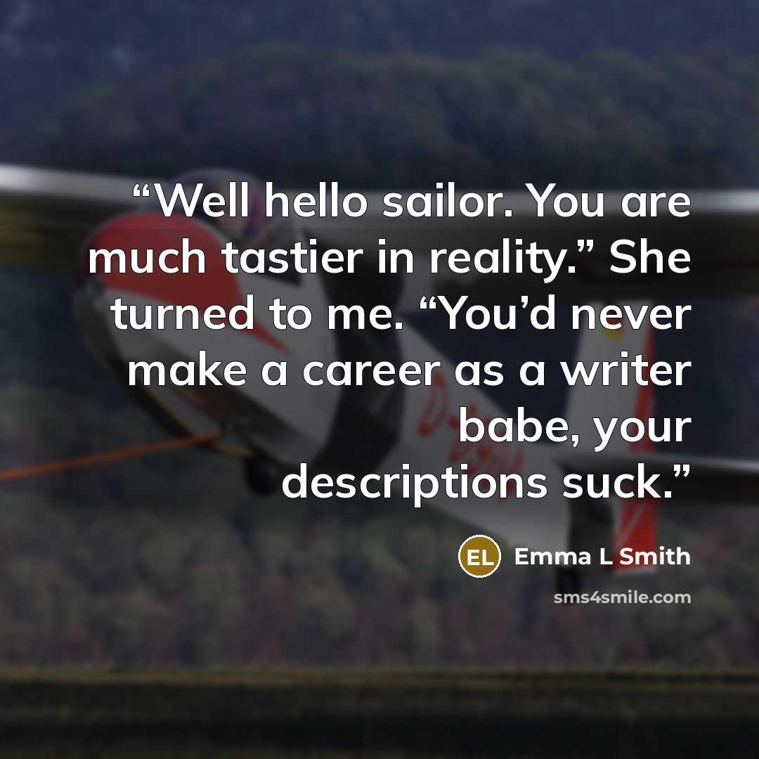 “Well hello sailor. You are much tastier in reality.” She turned to me. “You’d never make a career as a writer babe, your descriptions suck.” quote by Emma L Smith