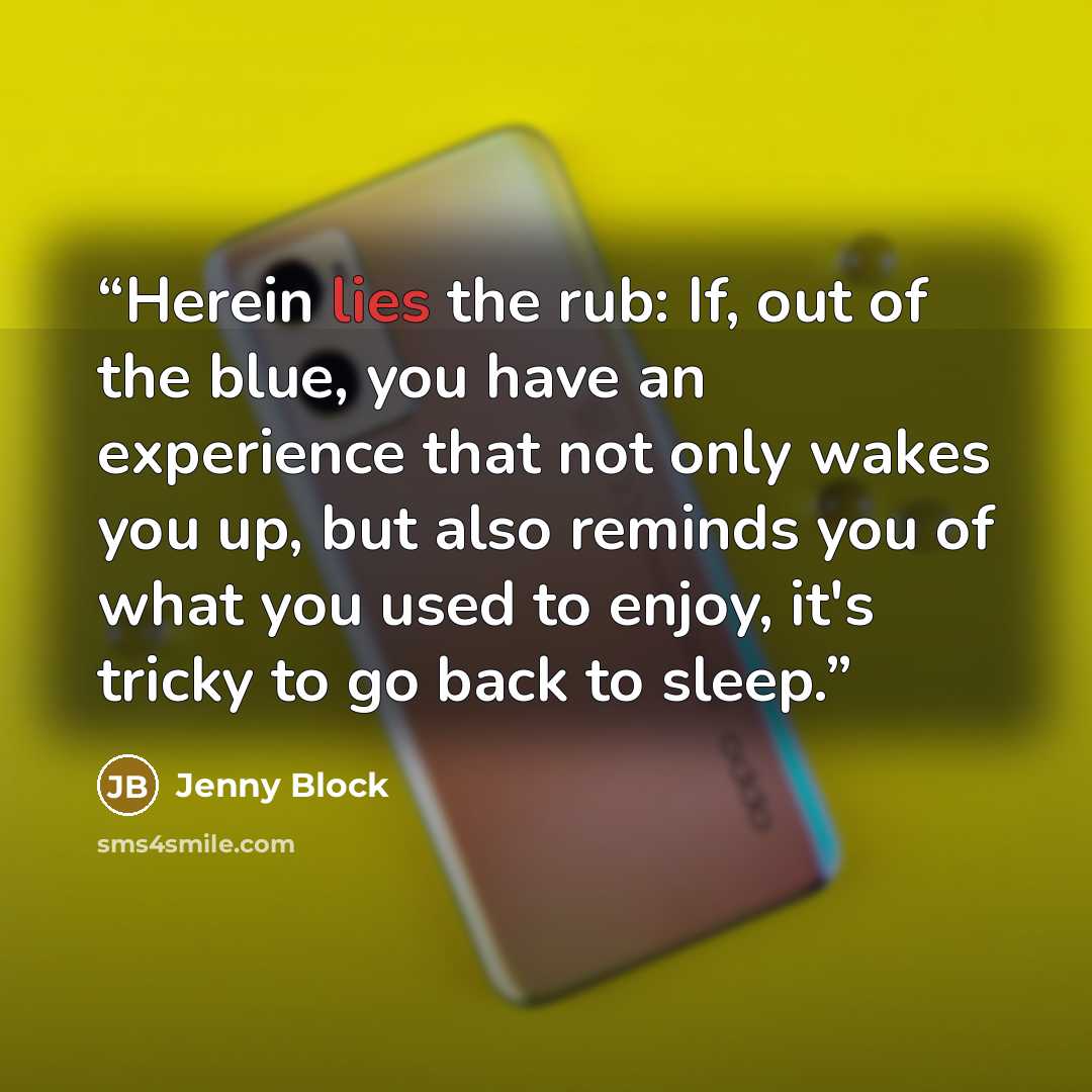 “Herein lies the rub: If, out of the blue, you have an experience that not only wakes you up, but also reminds you of what you used to enjoy, it's tricky to go back to sleep.” quote by Jenny Block