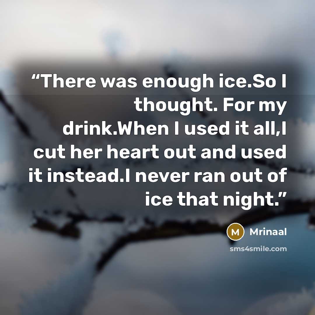 “There was enough ice.So I thought. For my drink.When I used it all,I cut her heart out and used it instead.I never ran out of ice that night.” quote by Mrinaal