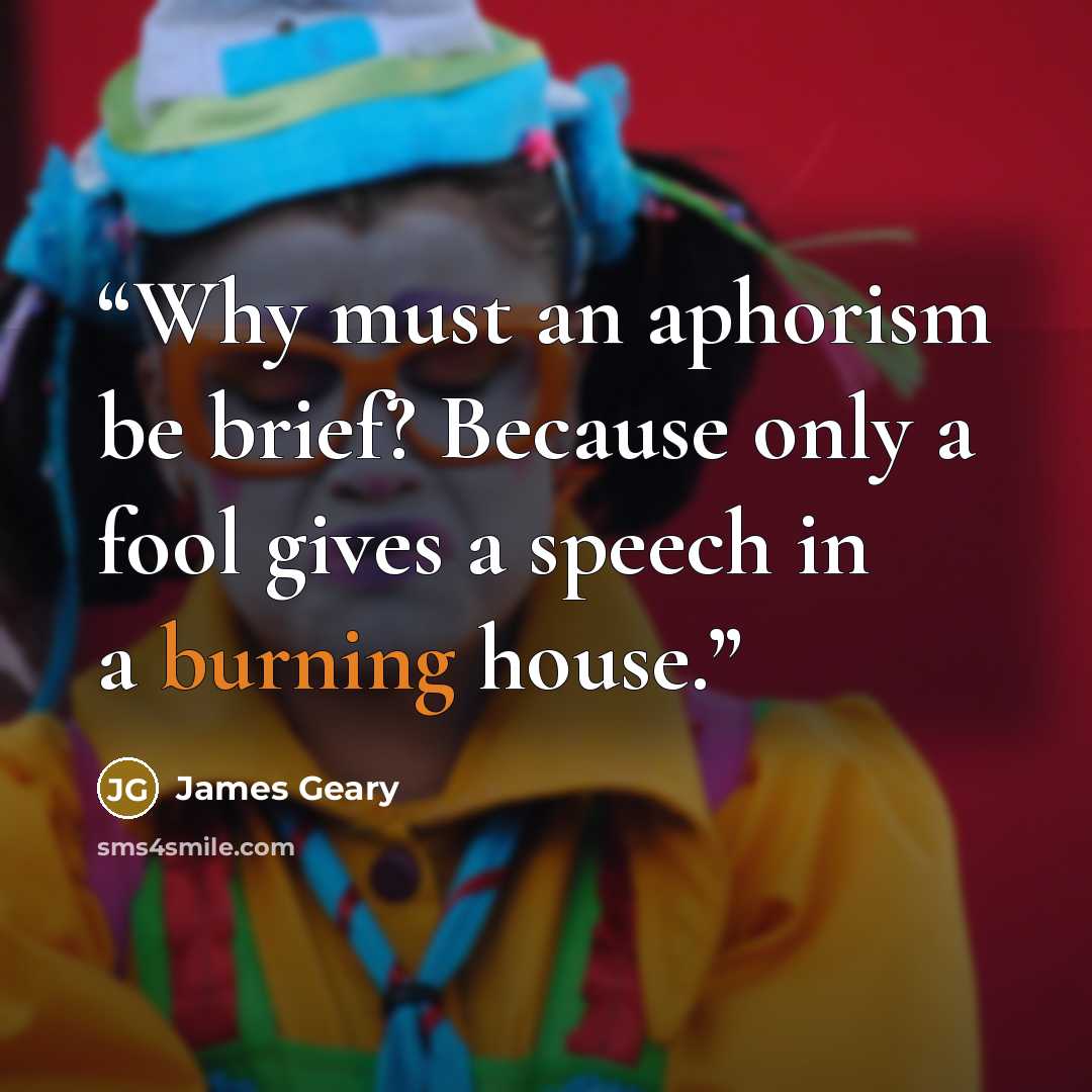 “Why must an aphorism be brief? Because only a fool gives a speech in a burning house.” quote by James Geary