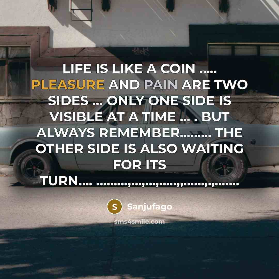“LIFE IS LIKE A COIN ….. PLEASURE AND PAIN ARE TWO SIDES … ONLY ONE SIDE IS VISIBLE AT A TIME … . BUT ALWAYS REMEMBER……... THE OTHER SIDE IS ALSO WAITING FOR ITS TURN…. ………,…,…,…..,,……,.,…….” quote by Sanjufago