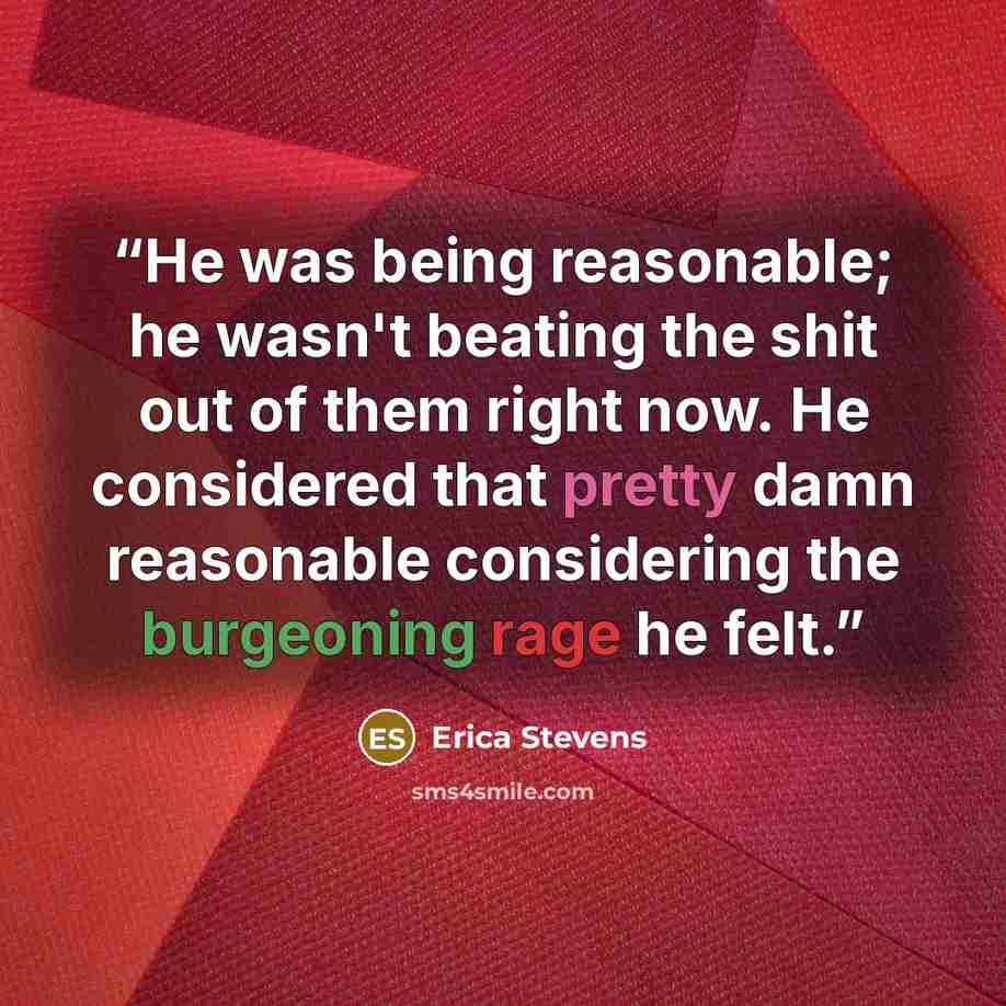 “He was being reasonable; he wasn't beating the shit out of them right now. He considered that pretty damn reasonable considering the burgeoning rage he felt.” quote by Erica Stevens