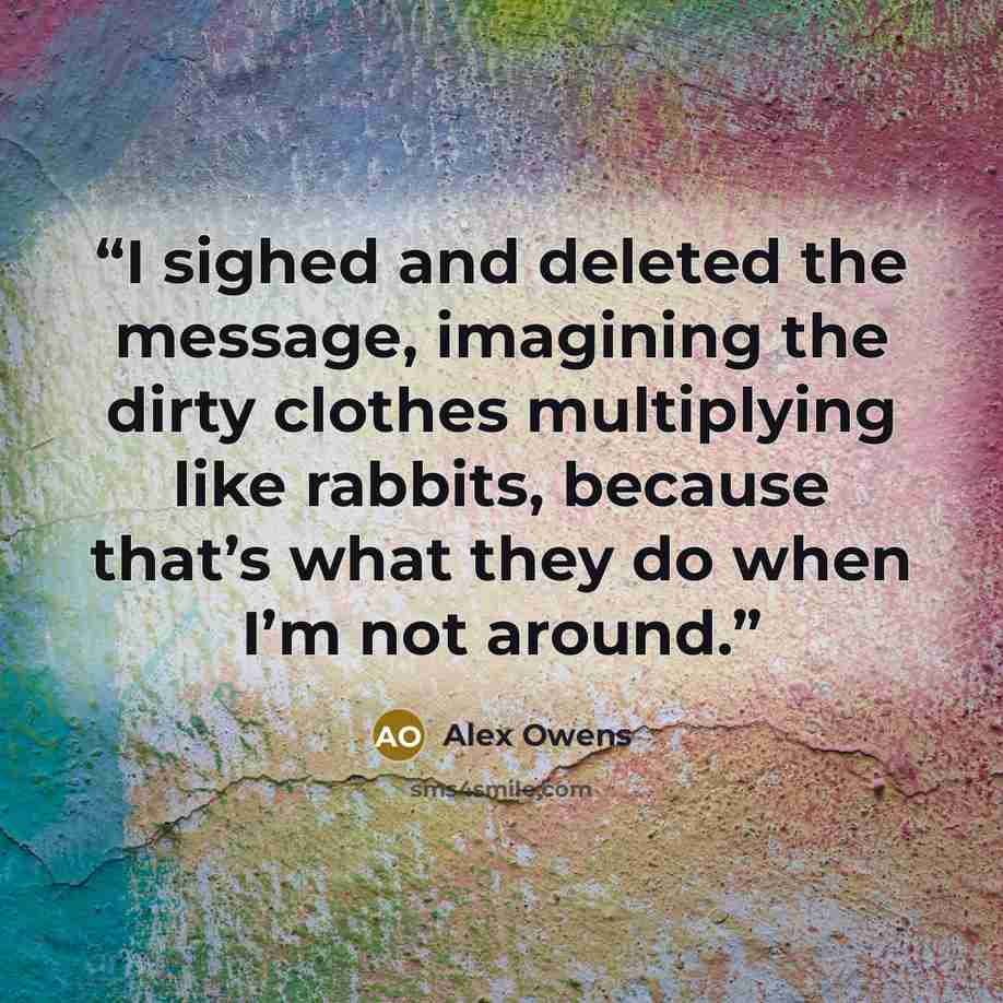 “I sighed and deleted the message, imagining the dirty clothes multiplying like rabbits, because that’s what they do when I’m not around.” quote by Alex Owens