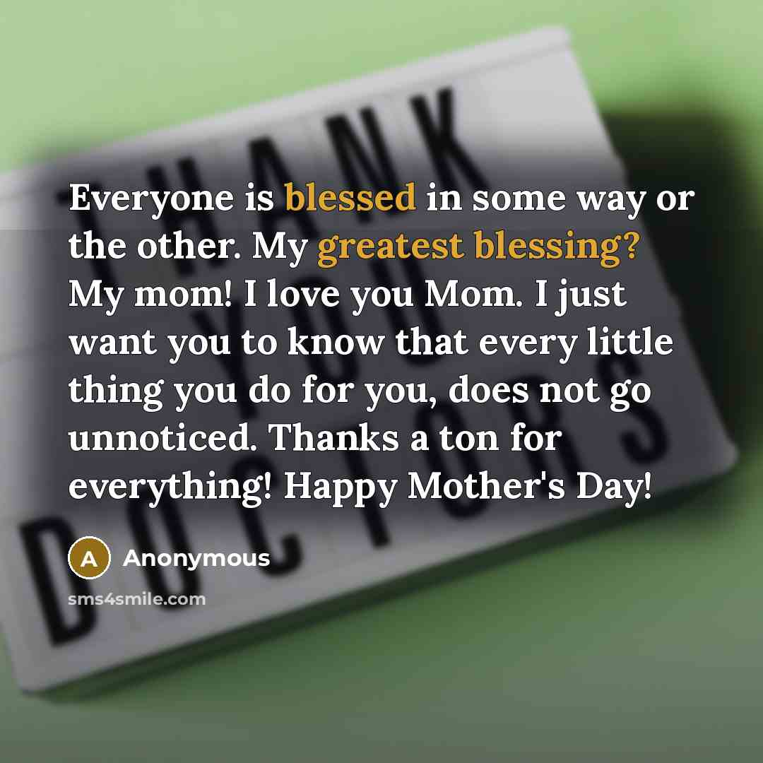 “Everyone is blessed in some way or the other. My greatest blessing? My mom! I love you Mom. I just want you to know that every little thing you do for you, does not go unnoticed. Thanks a ton for everything! Happy Mother's Day!” quote by Anonymous