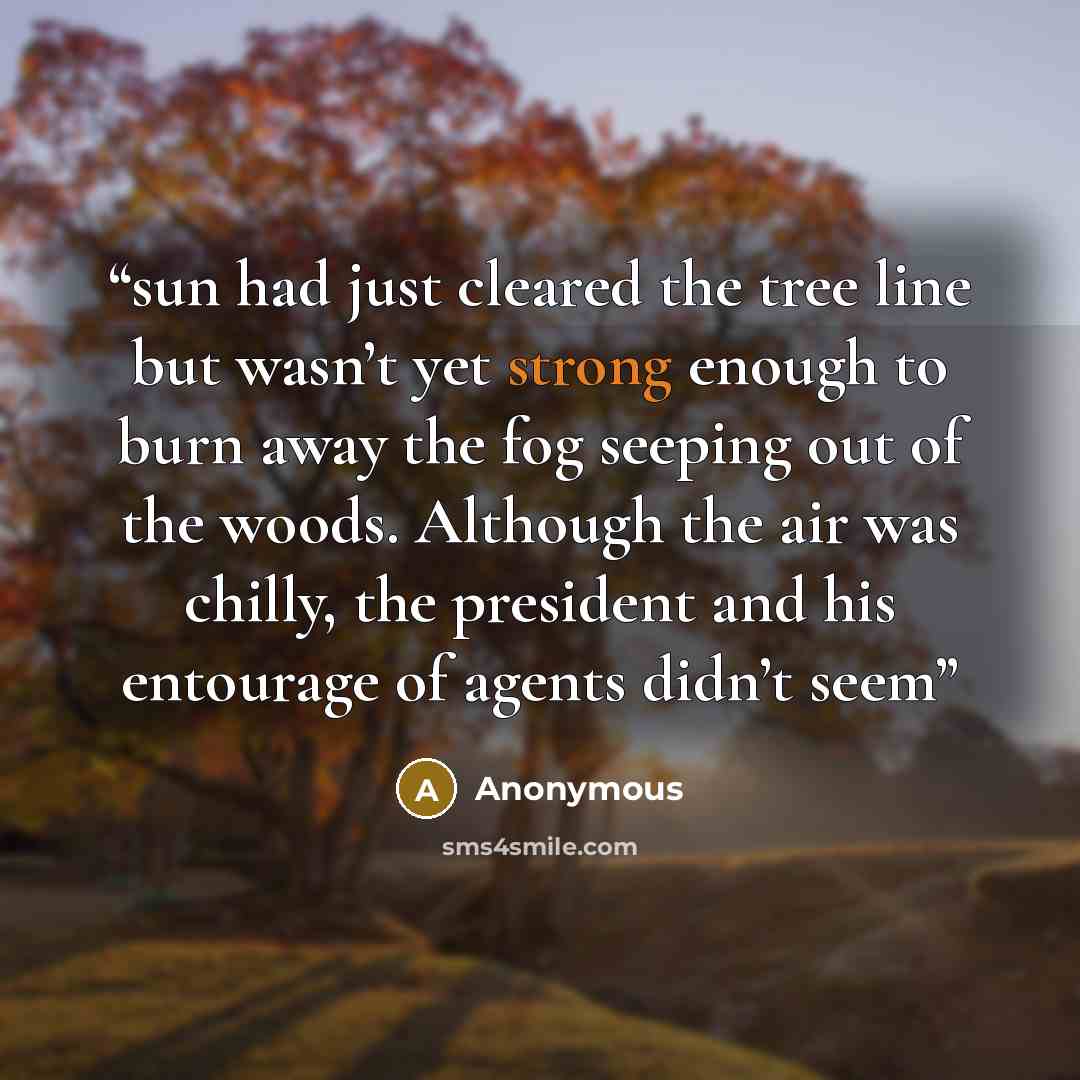 “sun had just cleared the tree line but wasn’t yet strong enough to burn away the fog seeping out of the woods. Although the air was chilly, the president and his entourage of agents didn’t seem” quote by Anonymous