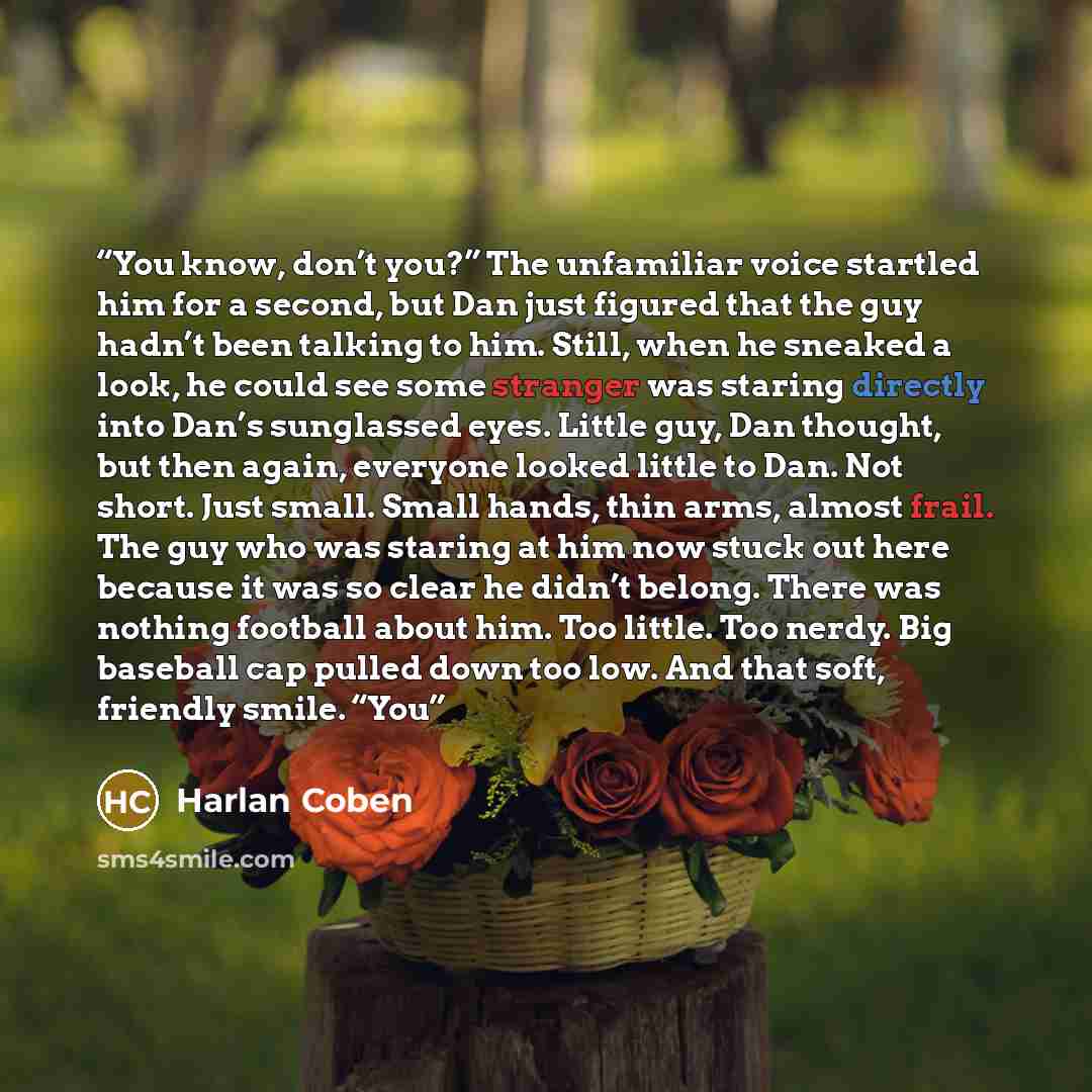 “You know, don’t you?” The unfamiliar voice startled him for a second, but Dan just figured that the guy hadn’t been talking to him. Still, when he sneaked a look, he could see some stranger was staring directly into Dan’s sunglassed eyes. Little guy, Dan thought, but then again, everyone looked…” quote by Harlan Coben