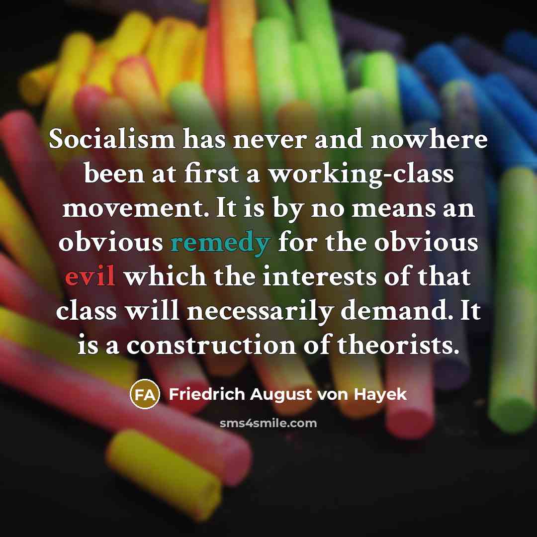 “Socialism has never and nowhere been at first a working-class movement. It is by no means an obvious remedy for the obvious evil which the interests of that class will necessarily demand. It is a construction of theorists.” quote by Friedrich August von Hayek