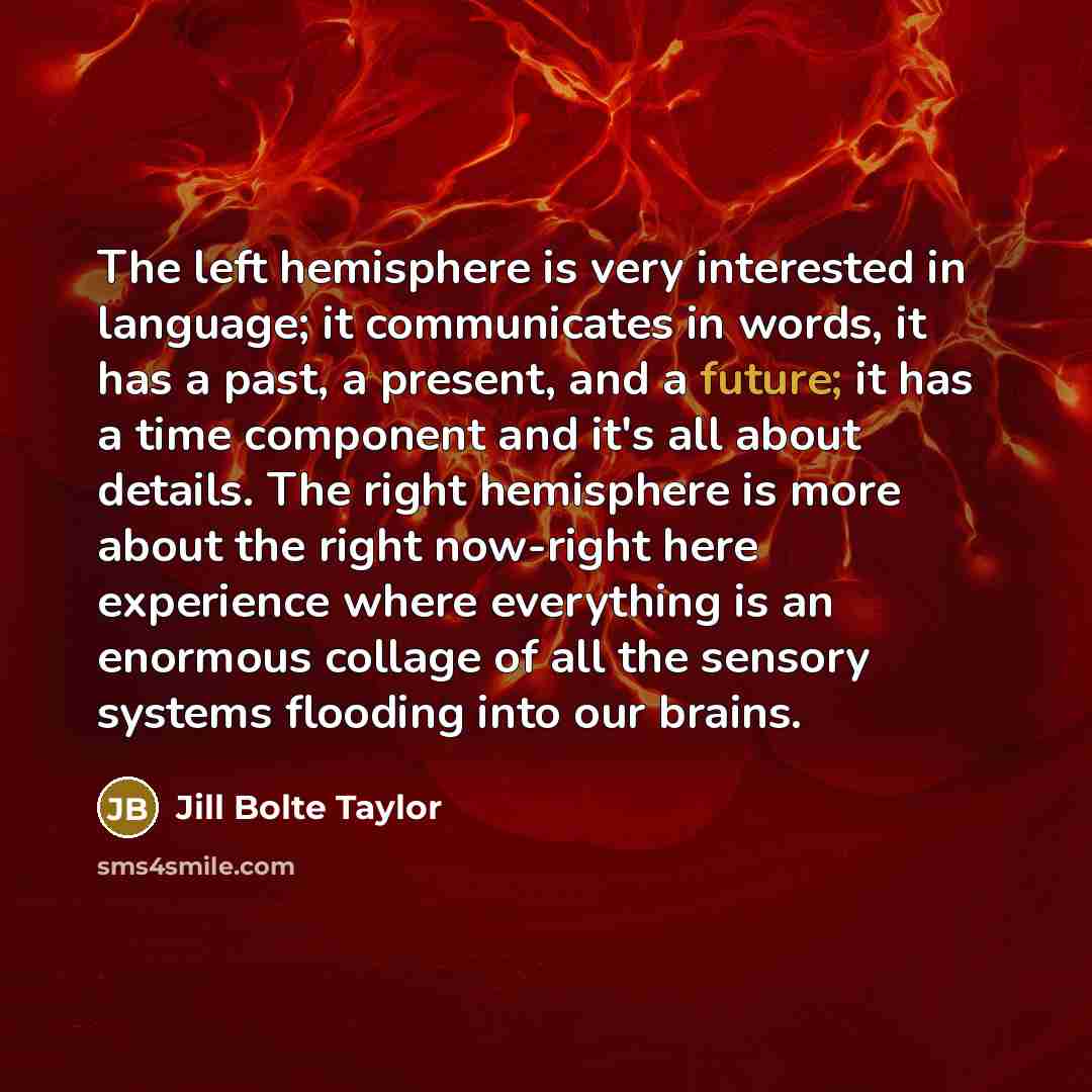 “The left hemisphere is very interested in language; it communicates…” quote by Jill Bolte Taylor