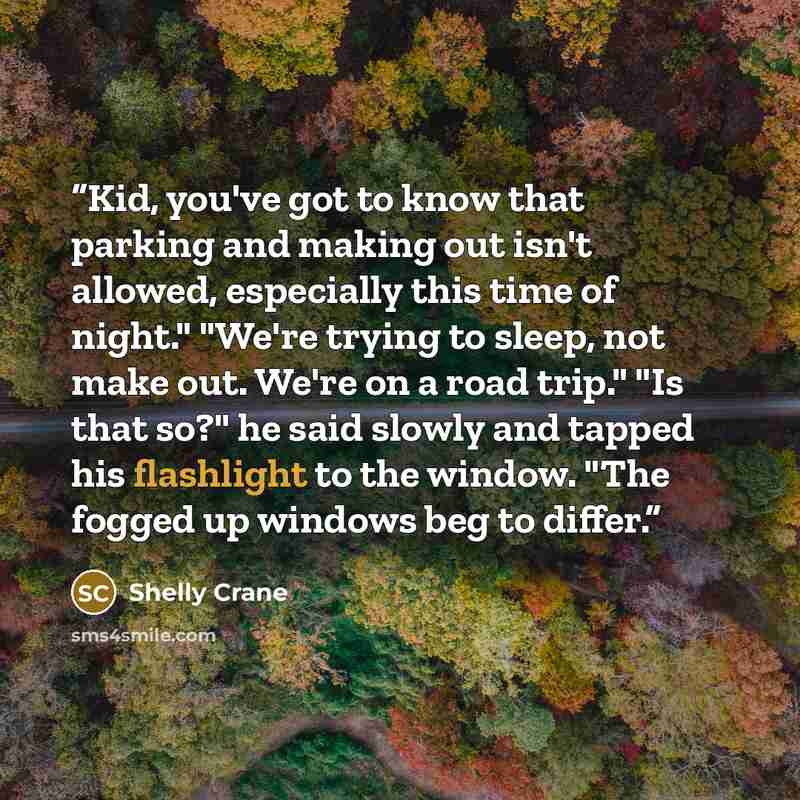 “Kid, you've got to know that parking and making out isn't allowed, especially this time of night." "We're trying to sleep, not make out. We're on a road trip." "Is that so?" he said slowly and tapped his flashlight to the window. "The fogged up windows beg to differ.” quote by Shelly Crane