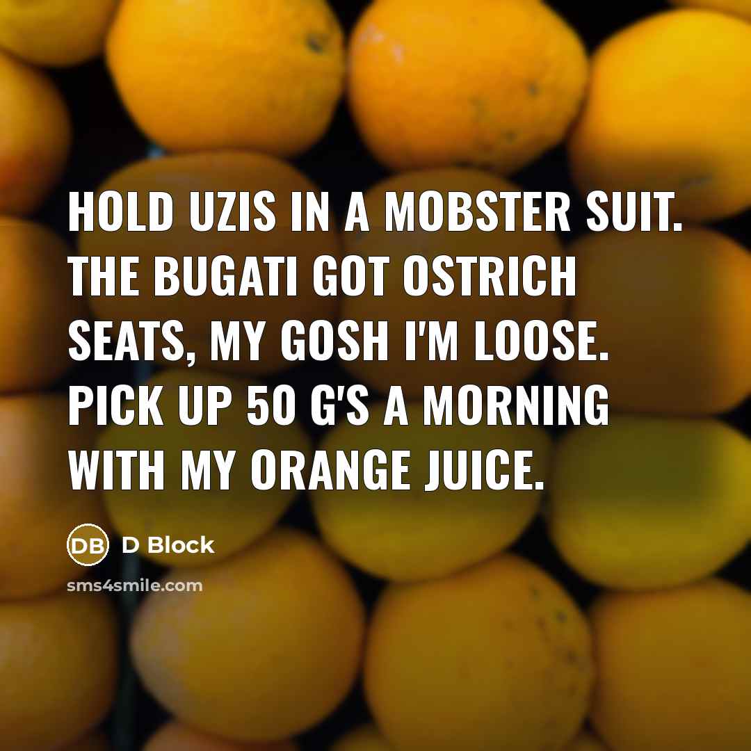 “Hold uzis in a mobster suit. The Bugati got ostrich…” quote by D Block
