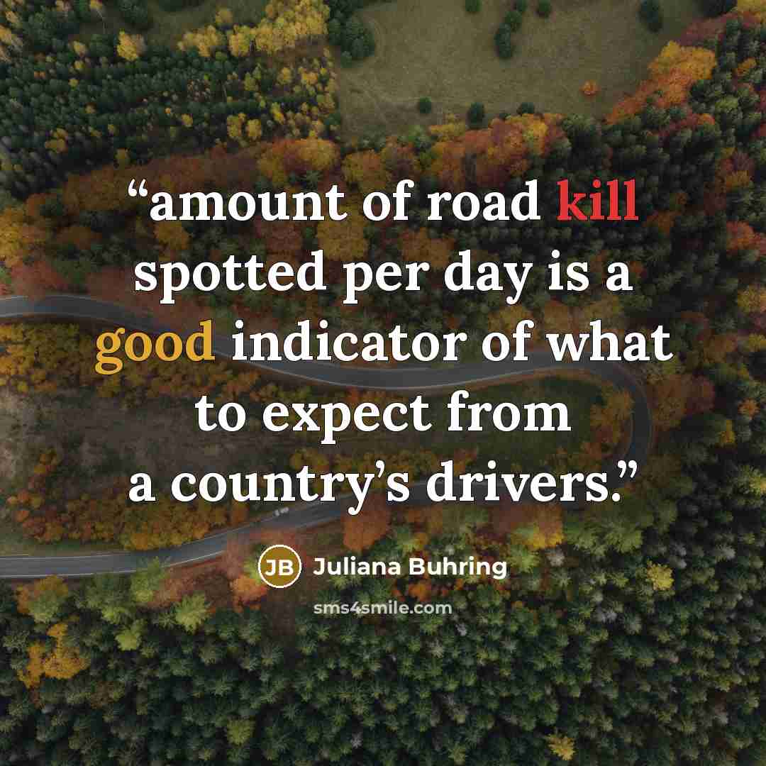 “amount of road kill spotted per day is a good indicator of what to expect from a country’s drivers.” quote by Juliana Buhring