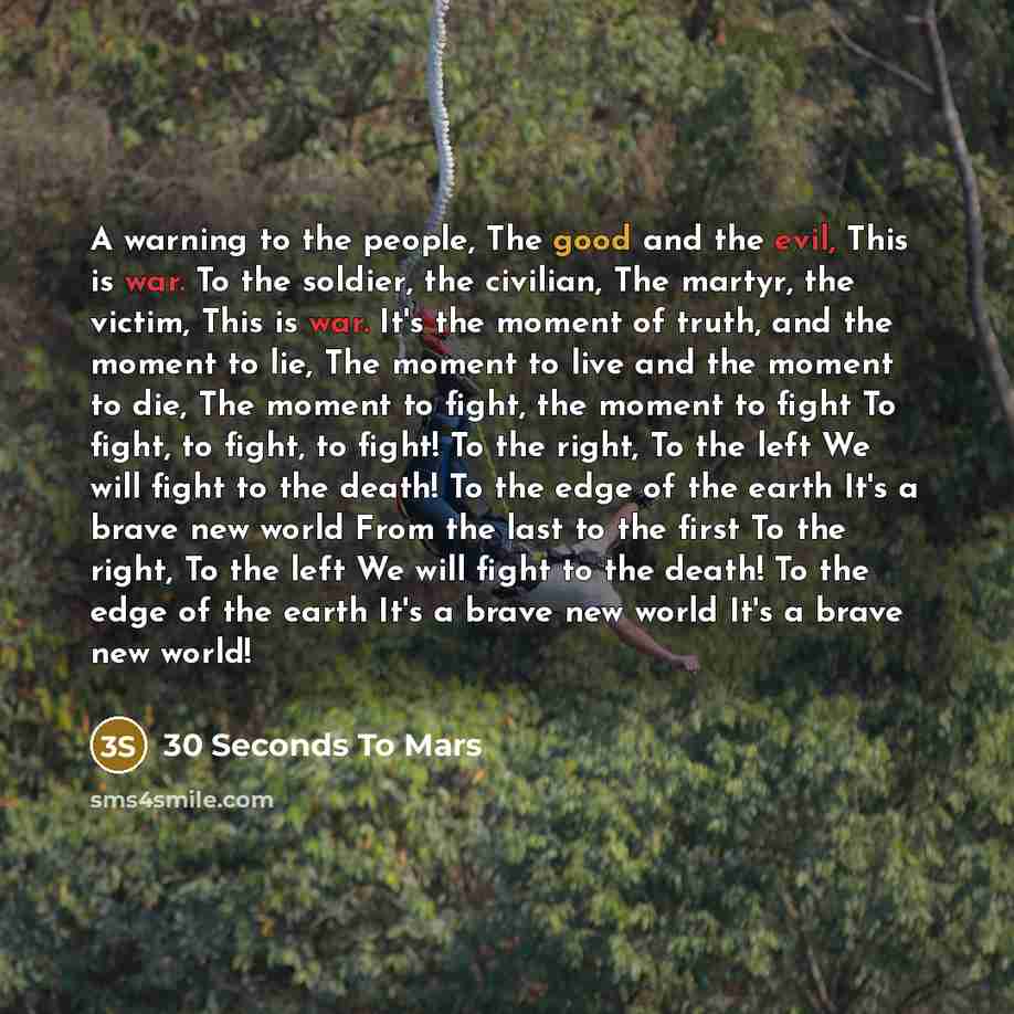“A warning to the people, The good and the evil, This is war. To the soldier, the civilian, The martyr, the victim, This is war. It's the moment of truth, and the moment to lie, The moment to live and the moment to die, The moment to fight, the moment to fight To fight, to fight, to fight! To the…” quote by 30 Seconds To Mars