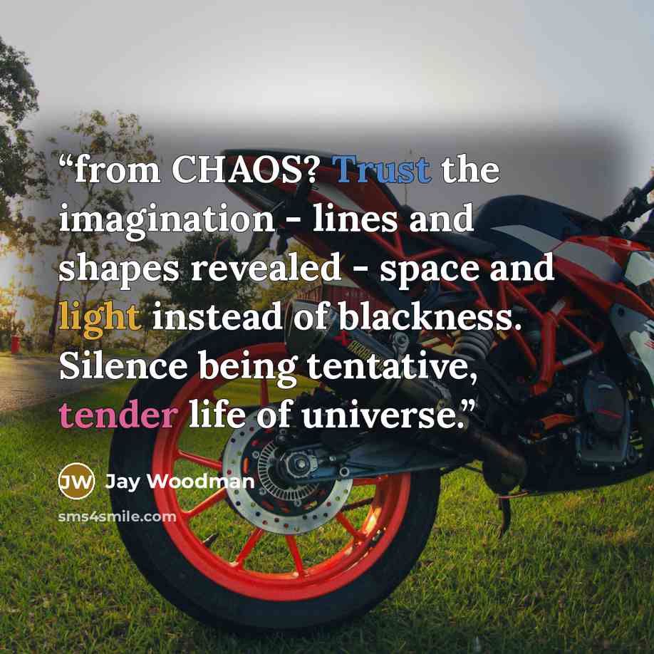 “from CHAOS? Trust the imagination - lines and shapes revealed - space and light instead of blackness. Silence being tentative, tender life of universe.” quote by Jay Woodman