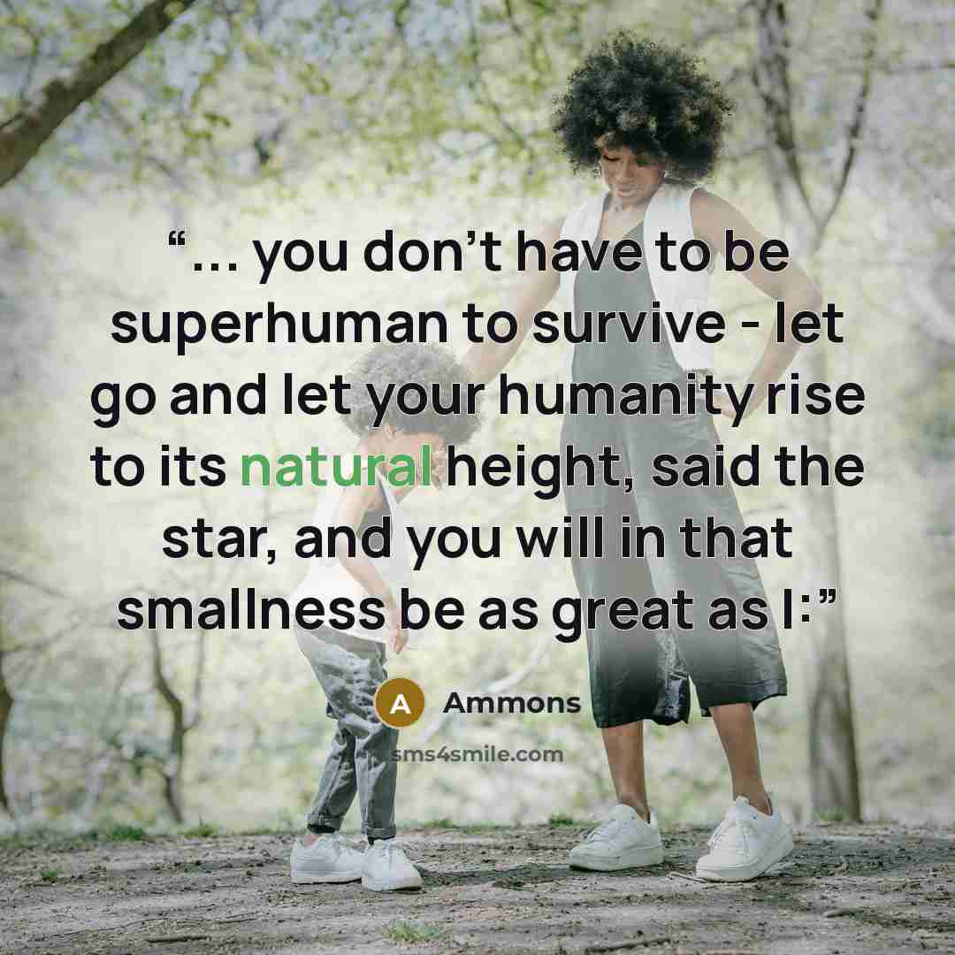 “... you don't have to be superhuman to survive - let go and let your humanity rise to its natural height, said the star, and you will in that smallness be as great as I:” quote by Ammons