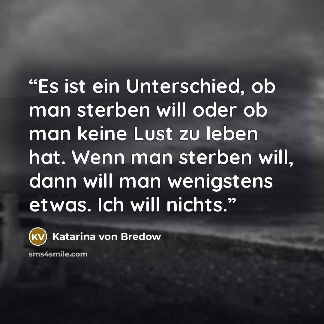 “Es ist ein Unterschied, ob man sterben will oder ob man keine Lust zu leben hat. Wenn man sterben will, dann will man wenigstens etwas. Ich will nichts.” quote by Katarina von Bredow