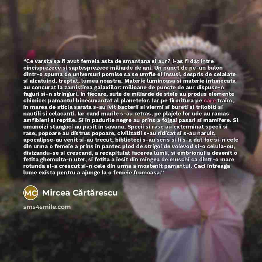 “Ce varsta sa fi avut femeia asta de smantana si aur? I-as fi dat intre cincisprezece si saptesprezece miliarde de ani. Un punct de pe-un balon dintr-o spuma de universuri pornise sa se umfle el insusi, despris de celalate si alcatuind, treptat, lumea noastra. Materie luminoasa si materie…” quote by Mircea Cartarescu