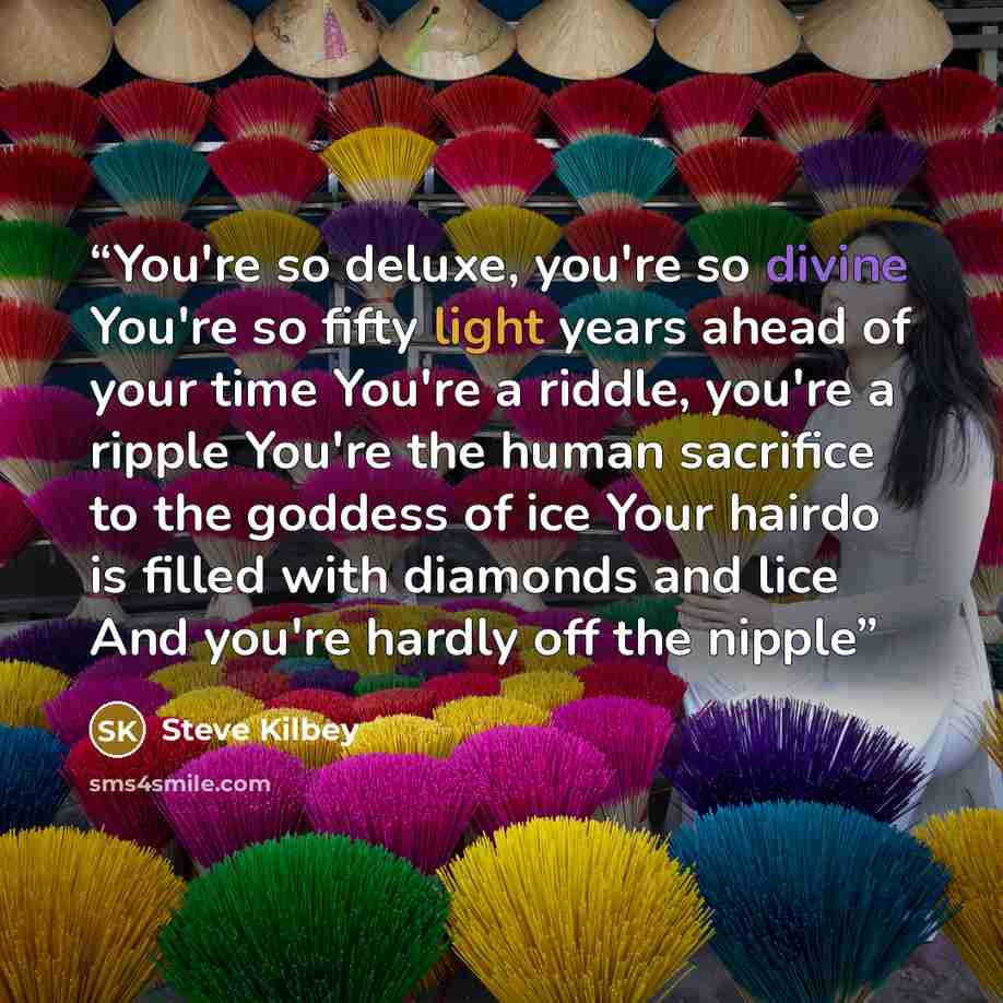 “You're so deluxe, you're so divine You're so fifty light years ahead of your time You're a riddle, you're a ripple You're the human sacrifice to the goddess of ice Your hairdo is filled with diamonds and lice And you're hardly off the nipple” quote by Steve Kilbey