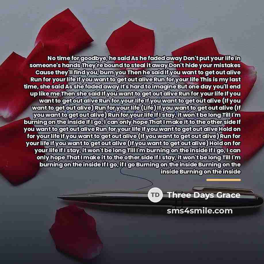 “No time for goodbye, he said As he faded away…” quote by Three Days Grace