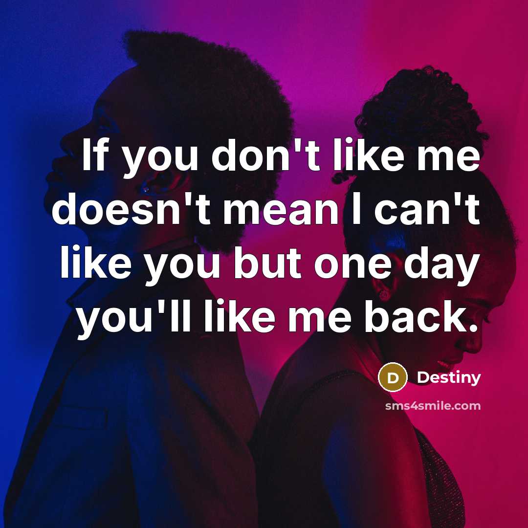 “If you don't like me doesn't mean I can't like you but one day you'll like me back.” quote by Destiny