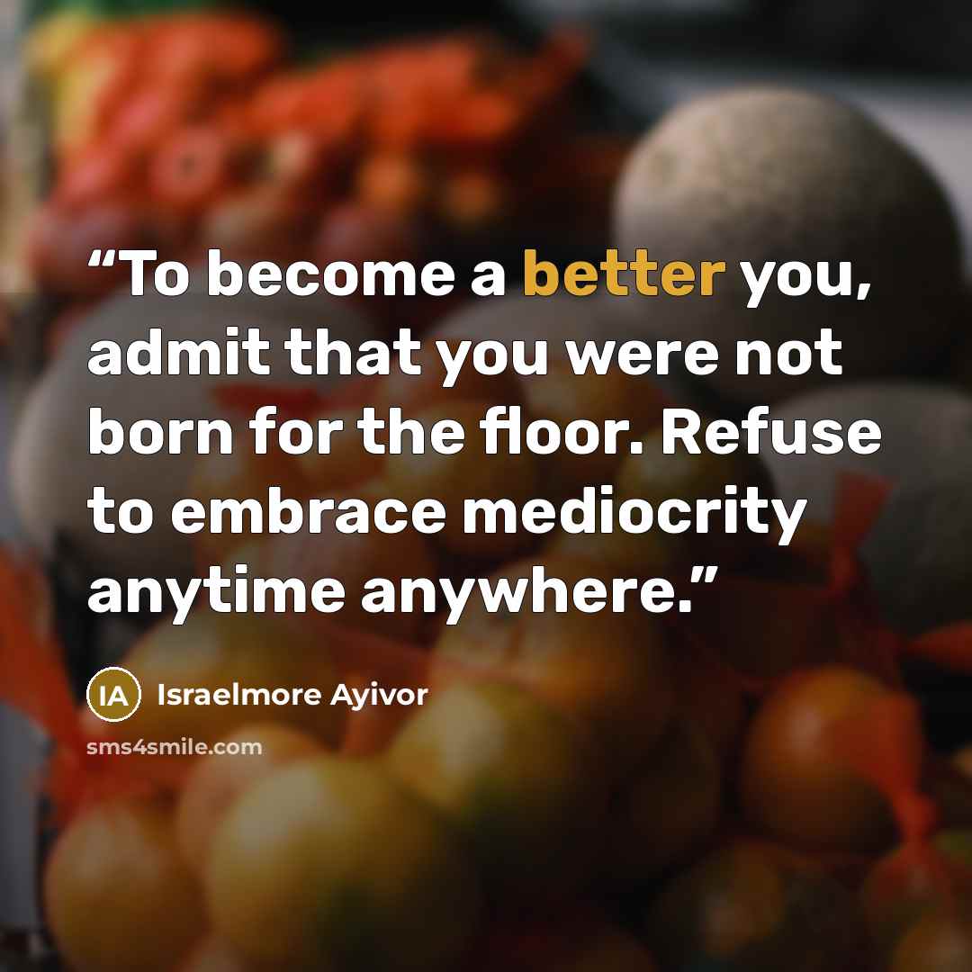 “To become a better you, admit that you were not born for the floor. Refuse to embrace mediocrity anytime anywhere.” quote by Israelmore Ayivor