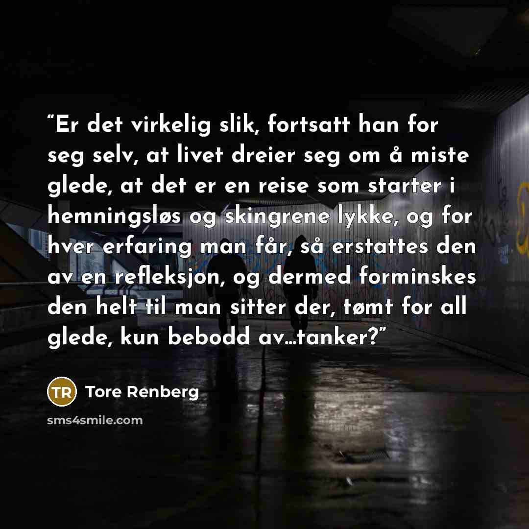 “Er det virkelig slik, fortsatt han for seg selv, at livet dreier seg om å miste glede, at det er en reise som starter i hemningsløs og skingrene lykke, og for hver erfaring man får, så erstattes den av en refleksjon, og dermed forminskes den helt til man sitter der, tømt for all glede, kun bebodd…” quote by Tore Renberg