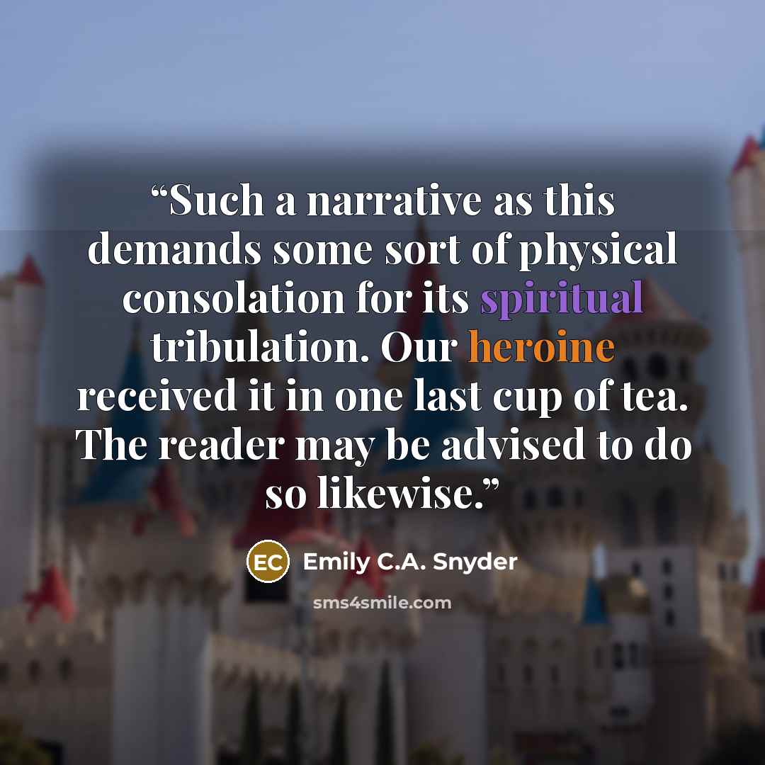 “Such a narrative as this demands some sort of physical consolation for its spiritual tribulation. Our heroine received it in one last cup of tea. The reader may be advised to do so likewise.” quote by Emily C.A. Snyder