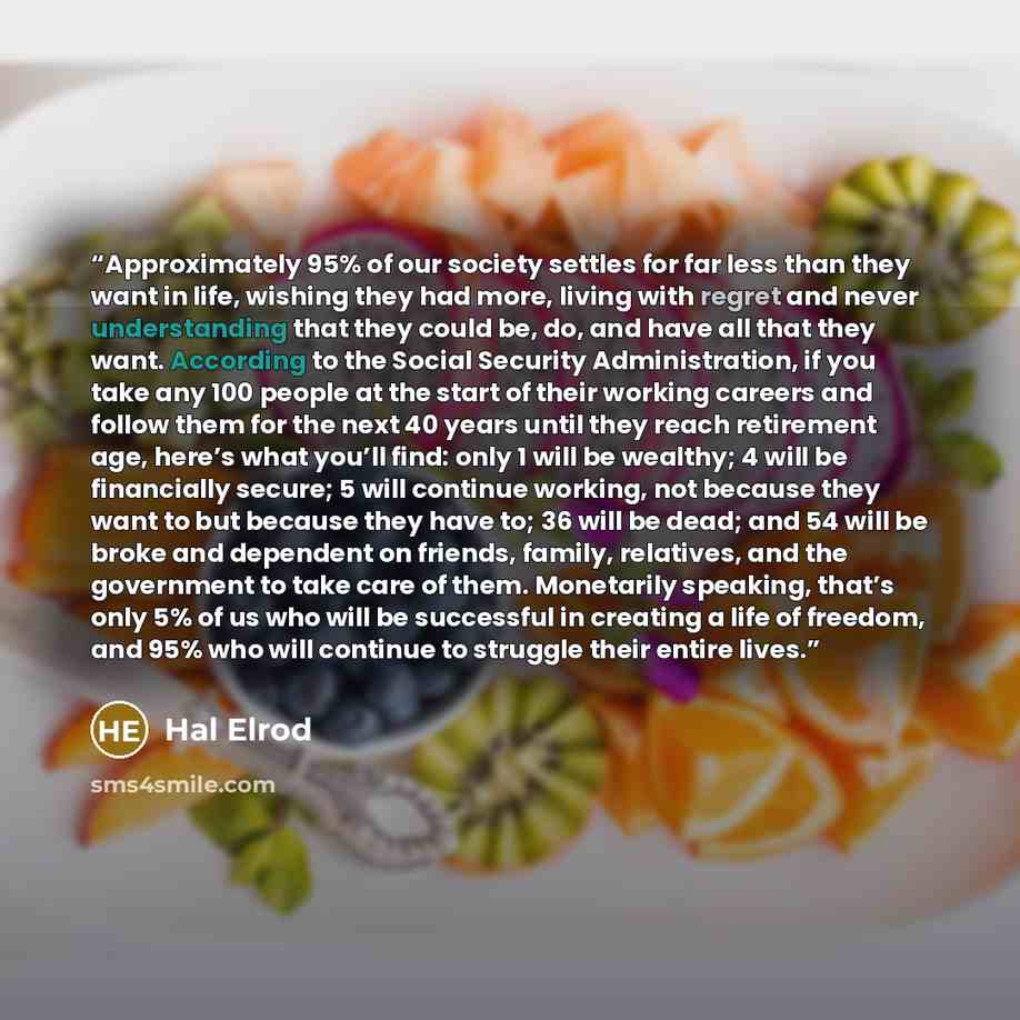 “Approximately 95% of our society settles for far less than they want in life, wishing they had more, living with regret and never understanding that they could be, do, and have all that they want. According to the Social Security Administration, if you take any 100 people at the start of their…” quote by Hal Elrod