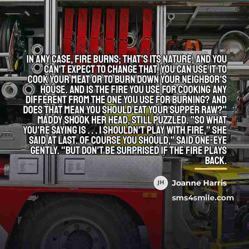 “In any case, fire burns; that's its nature, and you…” quote by Joanne Harris