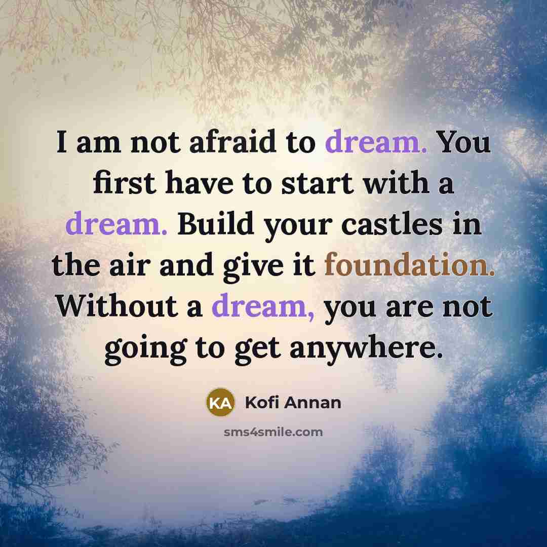 “I am not afraid to dream. You first have to start with a dream. Build your castles in the air and give it foundation. Without a dream, you are not going to get anywhere.” quote by Kofi Annan