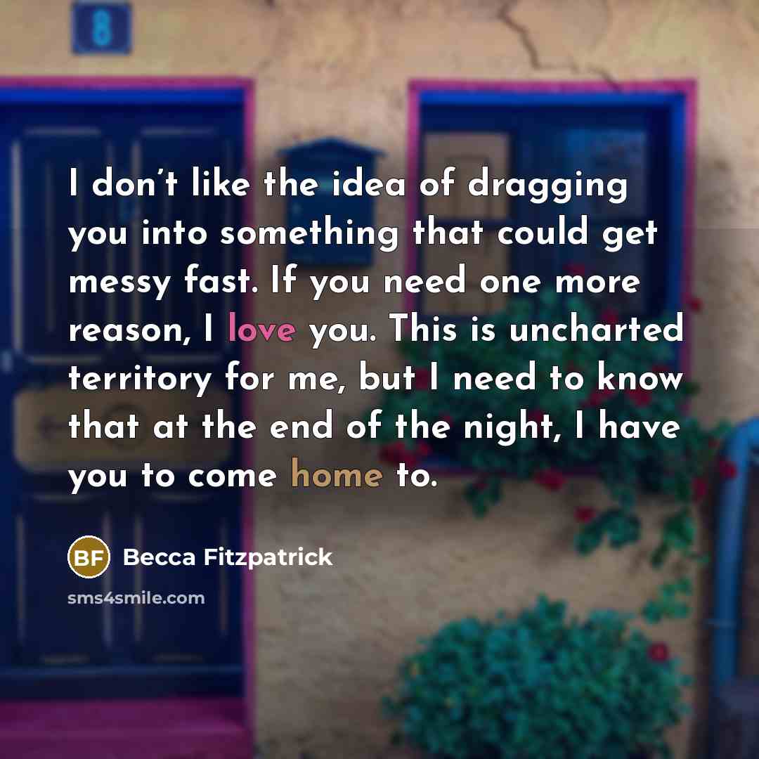 “I don’t like the idea of dragging you into something that could get messy fast. If you need one more reason, I love you. This is uncharted territory for me, but I need to know that at the end of the night, I have you to come home to.” quote by Becca Fitzpatrick
