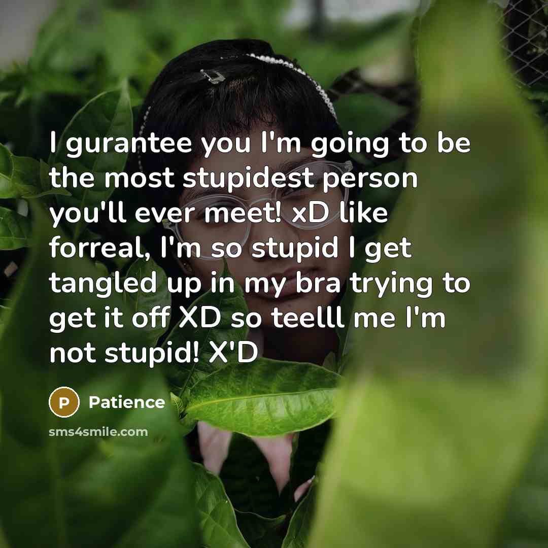 “I gurantee you I'm going to be the most stupidest person you'll ever meet! xD like forreal, I'm so stupid I get tangled up in my bra trying to get it off XD so teelll me I'm not stupid! X'D” quote by Patience