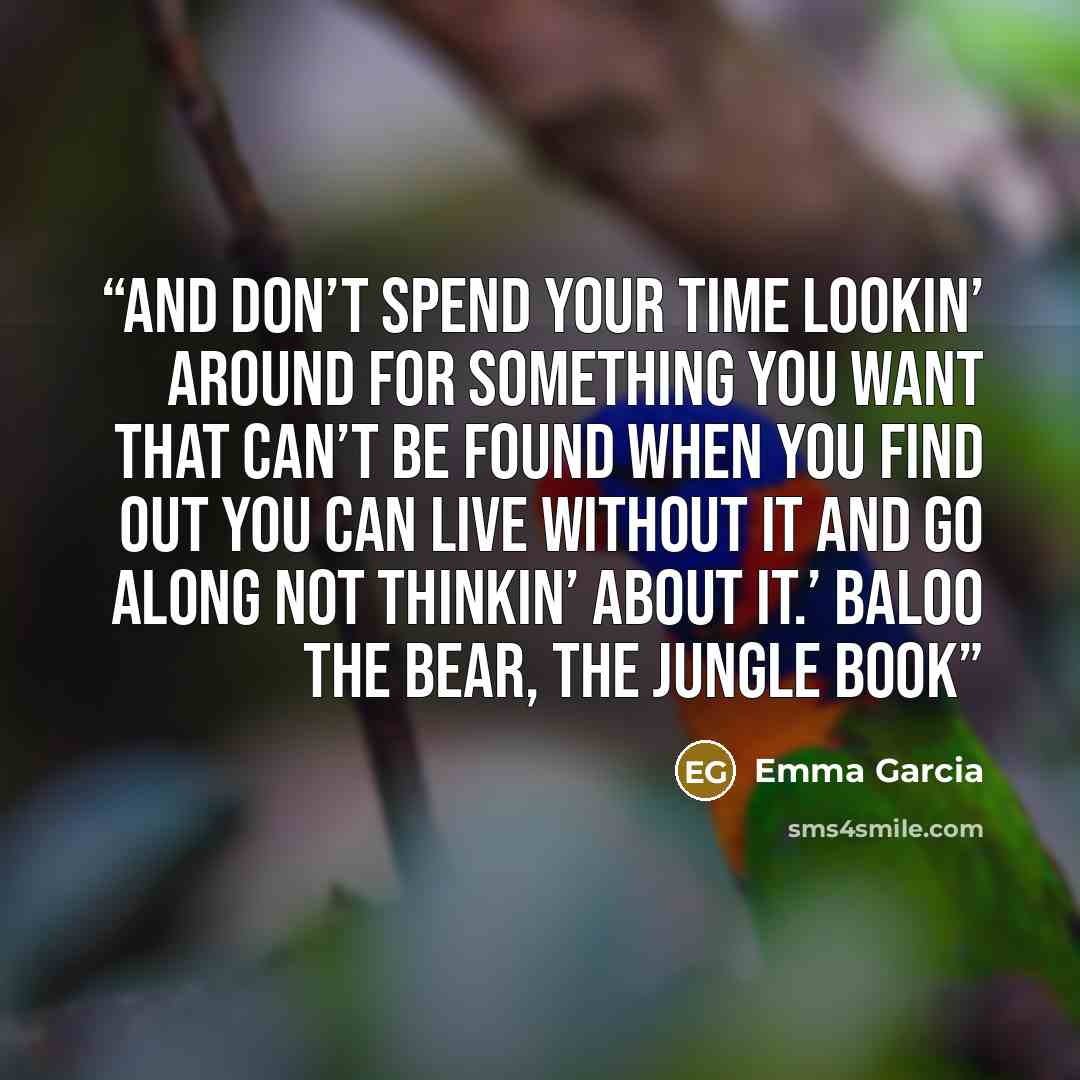 “And don’t spend your time lookin’ around for something you want that can’t be found when you find out you can live without it and go along not thinkin’ about it.’ Baloo the bear, The Jungle Book” quote by Emma Garcia