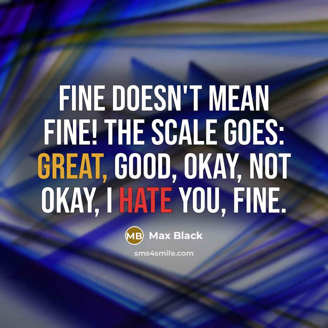 “Fine doesn't mean fine! The scale goes: great, good, okay,…” quote by Max Black