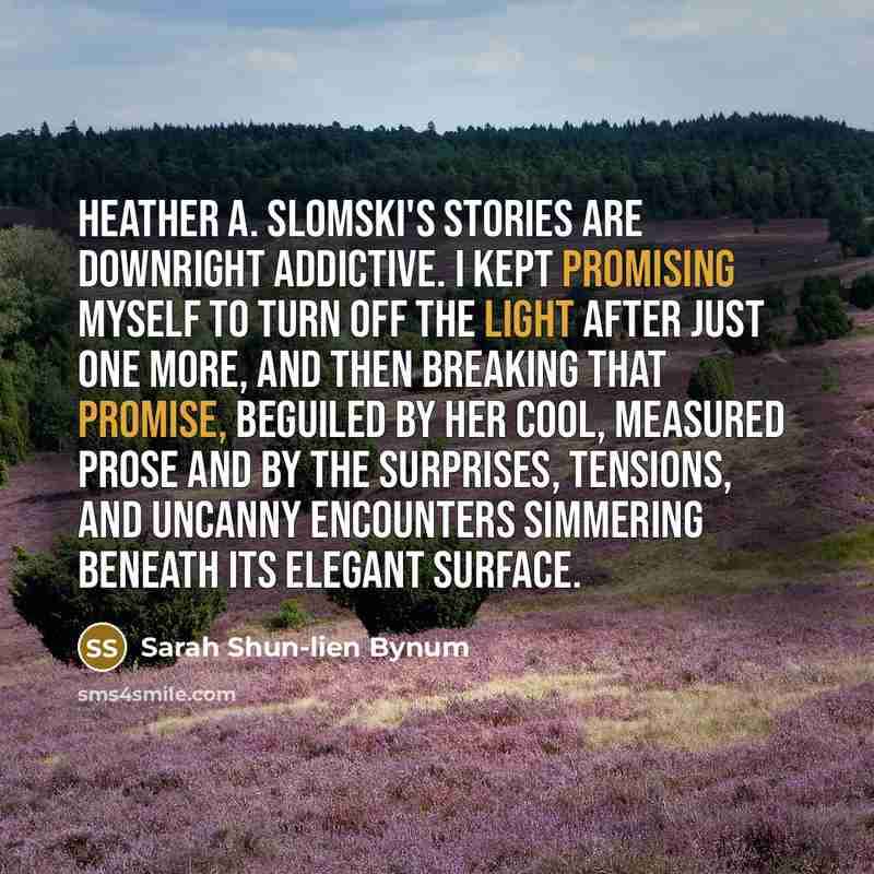 “Heather A. Slomski's stories are downright addictive. I kept promising myself to turn off the light after just one more, and then breaking that promise, beguiled by her cool, measured prose and by the surprises, tensions, and uncanny encounters simmering beneath its elegant surface.” quote by Sarah Shun-lien Bynum