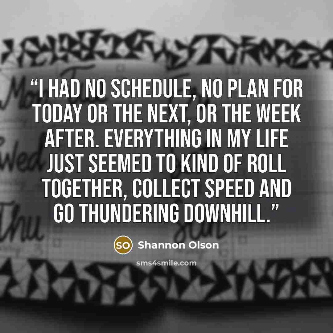 “I had no schedule, no plan for today or the next, or the week after. Everything in my life just seemed to kind of roll together, collect speed and go thundering downhill.” quote by Shannon Olson