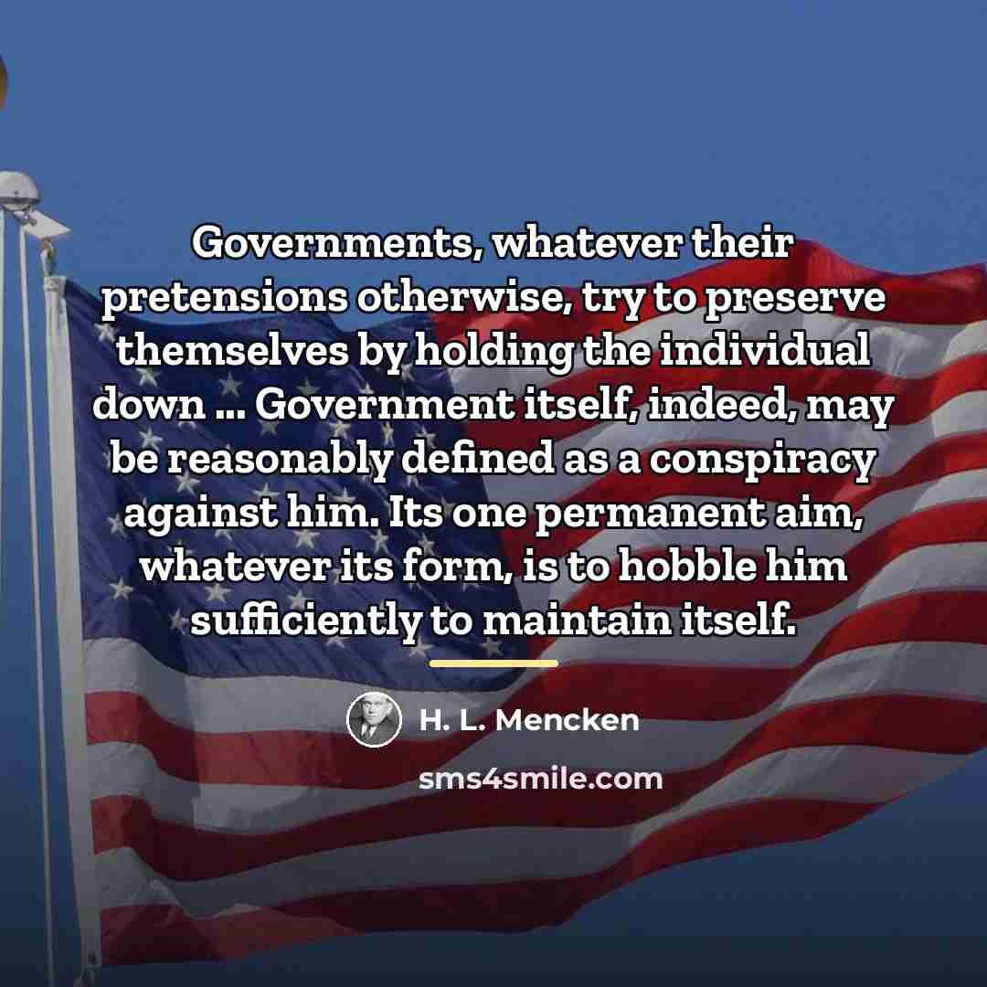 “Governments, whatever their pretensions otherwise, try to preserve themselves by…” quote by H. L. Mencken