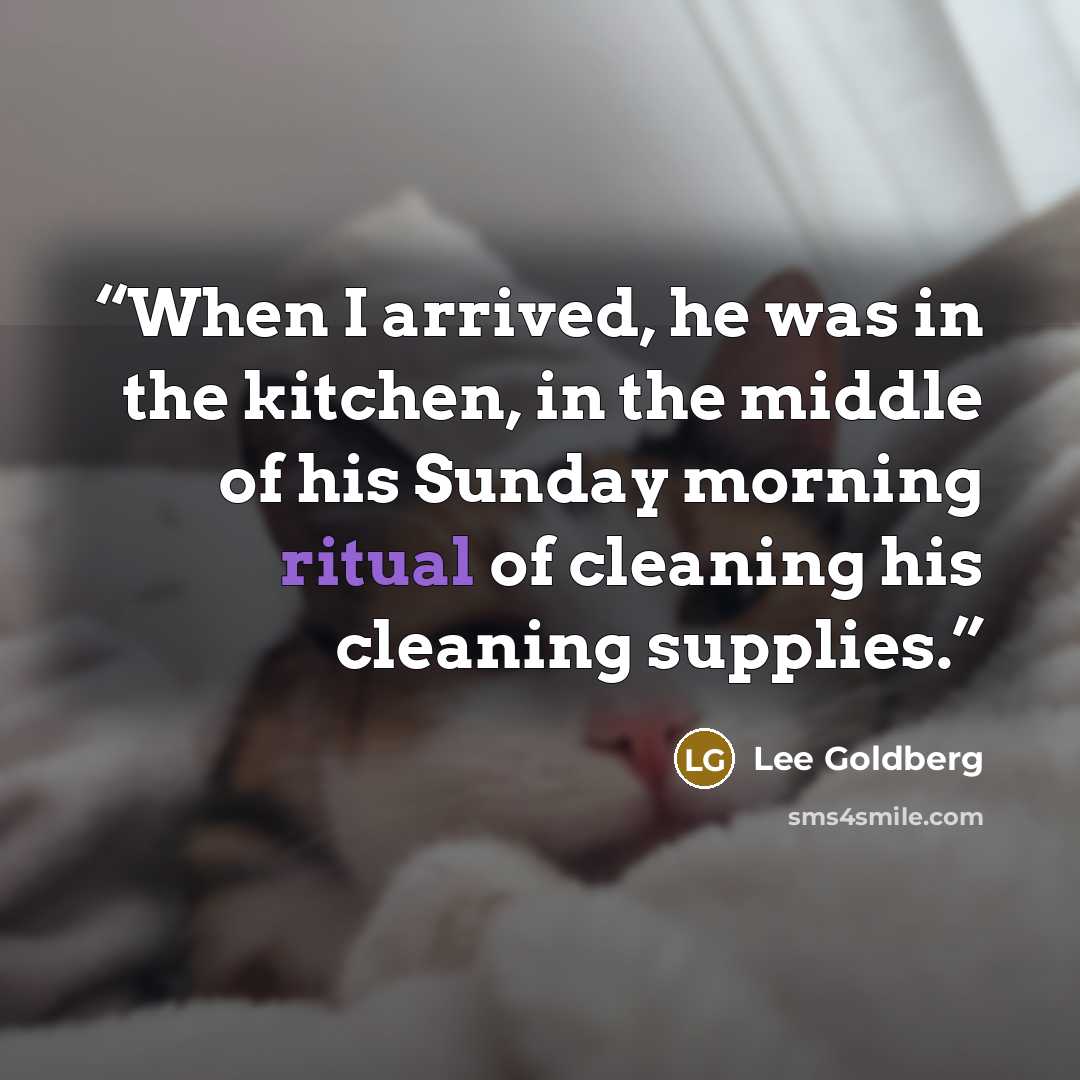 “When I arrived, he was in the kitchen, in the middle of his Sunday morning ritual of cleaning his cleaning supplies.” quote by Lee Goldberg