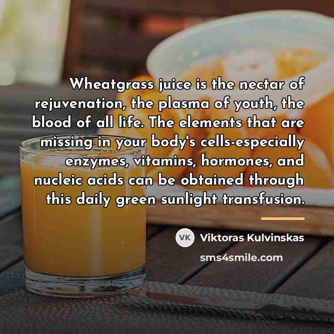“Wheatgrass juice is the nectar of rejuvenation, the plasma of…” quote by Viktoras Kulvinskas