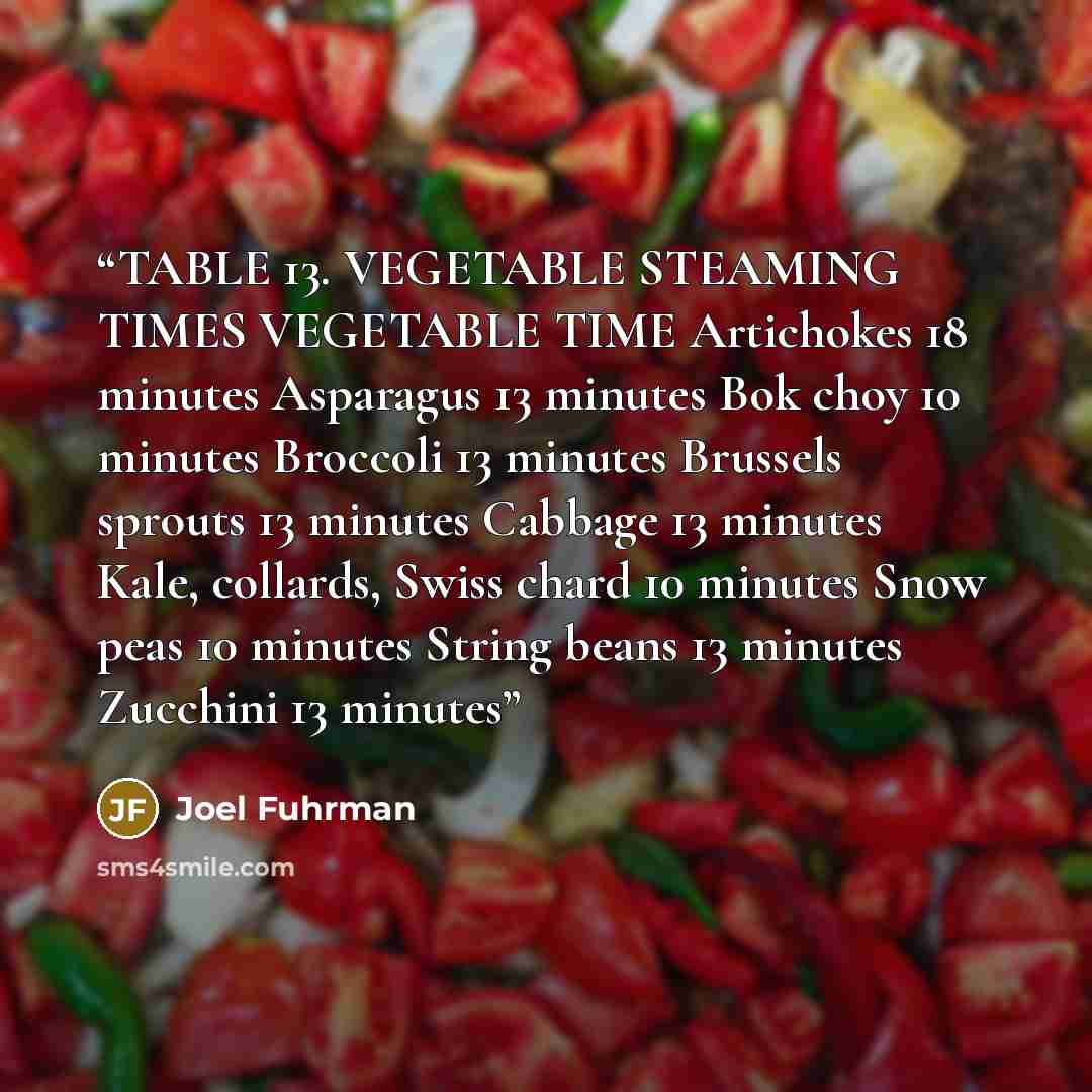 “TABLE 13. VEGETABLE STEAMING TIMES VEGETABLE TIME Artichokes 18 minutes Asparagus 13 minutes Bok choy 10 minutes Broccoli 13 minutes Brussels sprouts 13 minutes Cabbage 13 minutes Kale, collards, Swiss chard 10 minutes Snow peas 10 minutes String beans 13 minutes Zucchini 13 minutes” quote by Joel Fuhrman