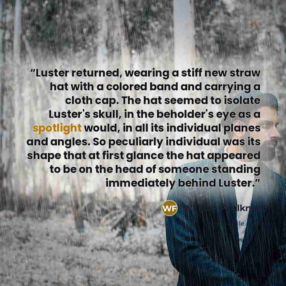 “Luster returned, wearing a stiff new straw hat with a colored band and carrying a cloth cap. The hat seemed to isolate Luster's skull, in the beholder's eye as a spotlight would, in all its individual planes and angles. So peculiarly individual was its shape that at first glance the hat appeared…” quote by William Faulkner