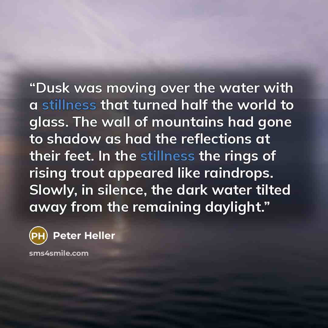 “Dusk was moving over the water with a stillness that turned half the world to glass. The wall of mountains had gone to shadow as had the reflections at their feet. In the stillness the rings of rising trout appeared like raindrops. Slowly, in silence, the dark water tilted away from the remaining…” quote by Peter Heller