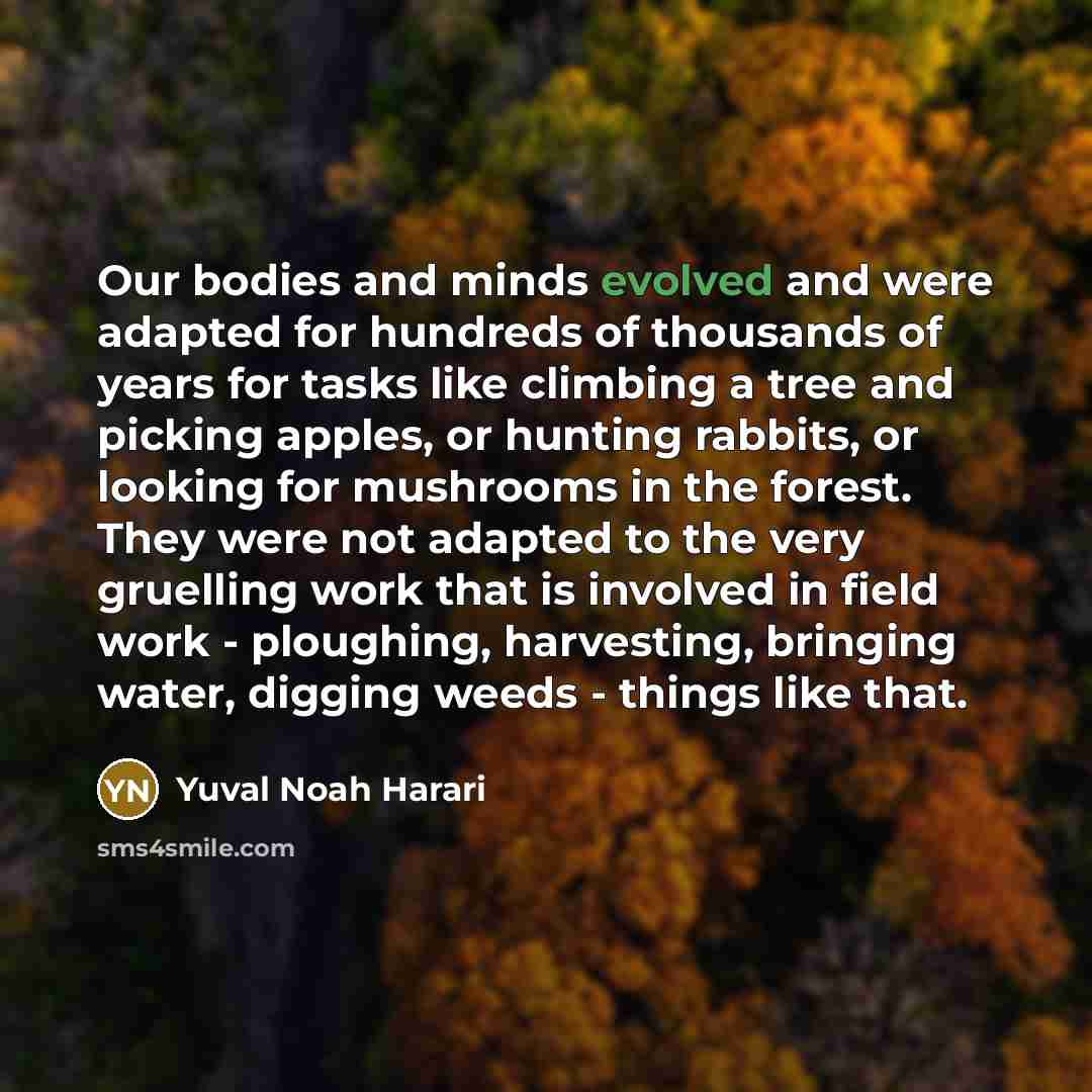 “Our bodies and minds evolved and were adapted for hundreds of thousands of years for tasks like climbing a tree and picking apples, or hunting rabbits, or looking for mushrooms in the forest. They were not adapted to the very gruelling work that is involved in field work - ploughing, harvesting…” quote by Yuval Noah Harari