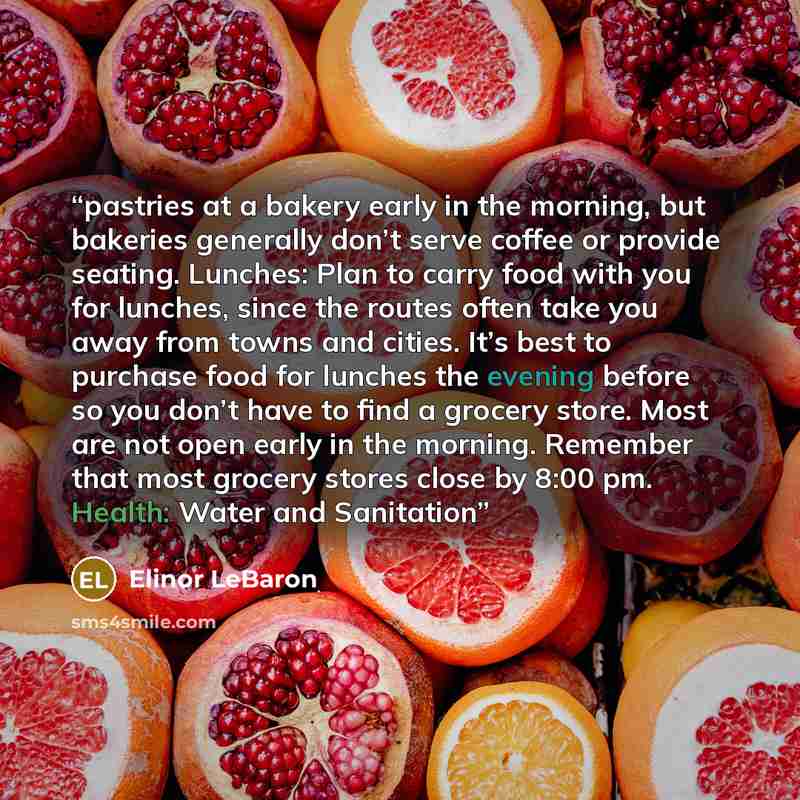 “pastries at a bakery early in the morning, but bakeries generally don’t serve coffee or provide seating. Lunches: Plan to carry food with you for lunches, since the routes often take you away from towns and cities. It’s best to purchase food for lunches the evening before so you don’t have to find…” quote by Elinor LeBaron